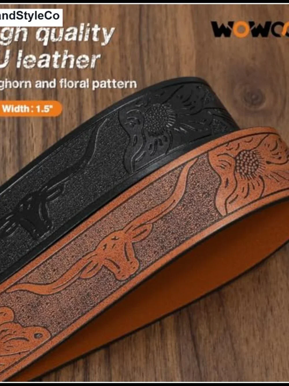 2pk PU Leather Western Belts Floral Engraved Longhorn Buckle